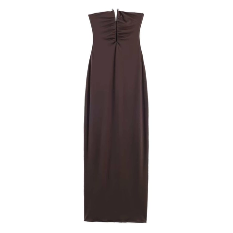 Elegante Donkerbruine Geplooide Strapless Maxi-Jurk Voor Dames Satin Look Polyester Hoge Taille Split Avondfeest Banket Jurk