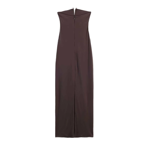 Elegante Donkerbruine Geplooide Strapless Maxi-Jurk Voor Dames Satin Look Polyester Hoge Taille Split Avondfeest Banket Jurk