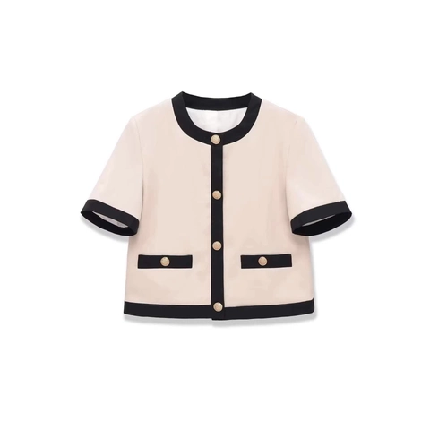 Little Fragrance Style Short Sleeve Cardigan And Straight Leg Pants Contrast Color Elegant Casual Women Outfit Summer