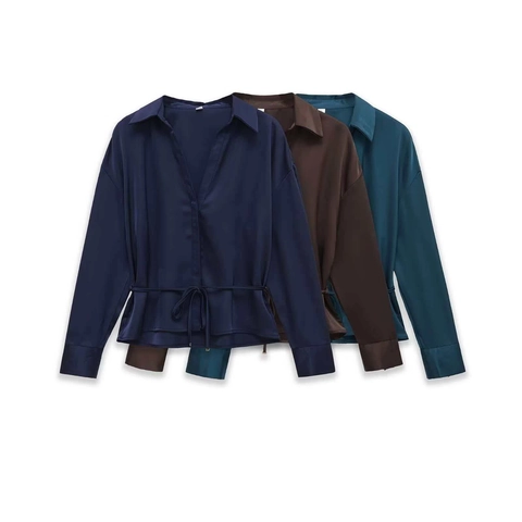 Elegante Satijnen Blouse met V-hals en Tailleband voor Dames Effen Kleur Woon-werkverkeer Top Kantoor Dame Werk Shirt