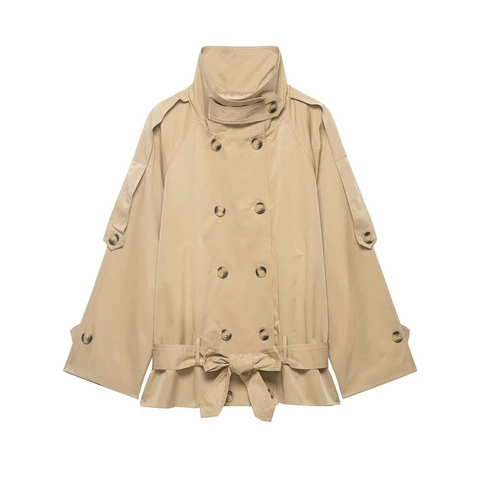 Dames Elegante Khaki Double Breasted Korte Trenchcoat Met Riem Opstaande Kraag Lange Mouwen Mode Windjack Bovenkleding Jas