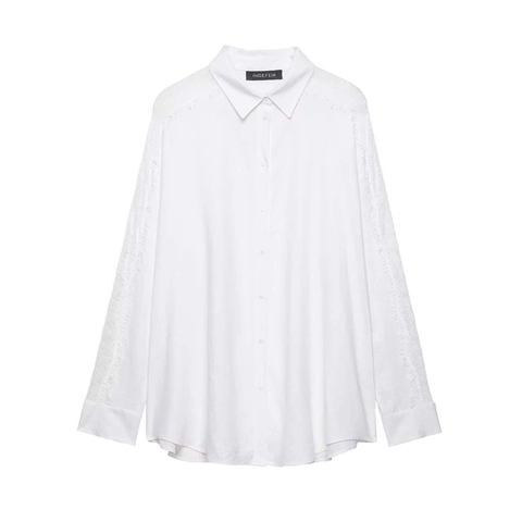 Dames Elegante Witte Overhemd met Lange Mouwen Kant Patchwork Losse Blouse Top Comfortabel Katoenmix Casual Shirt