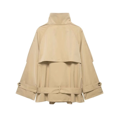 Dames Elegante Khaki Double Breasted Korte Trenchcoat Met Riem Opstaande Kraag Lange Mouwen Mode Windjack Bovenkleding Jas