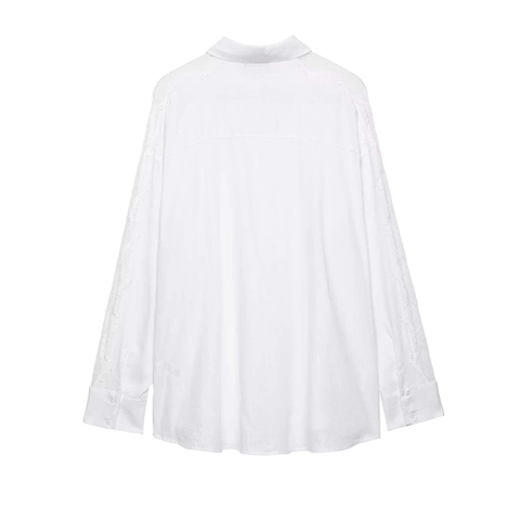 Dames Elegante Witte Overhemd met Lange Mouwen Kant Patchwork Losse Blouse Top Comfortabel Katoenmix Casual Shirt