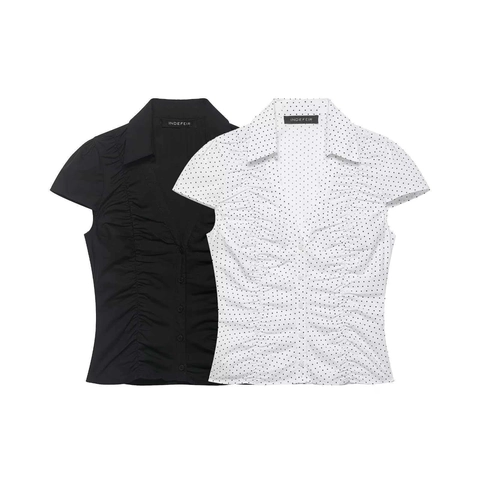 Chemise Femme Coupe Slim à Pois Manches Courtes Élégante Blouse Froncée à Revers Col en V Boutonnée Top de Bureau Été