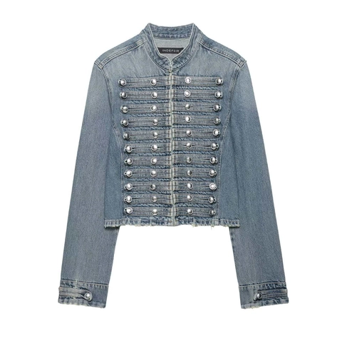 Conjunto De Top Y Bottom Para Mujer Chaqueta Vaquera Estilo Militar Retro Y Pantalones Cortos Color Sólido Dobladillo Deshilachado