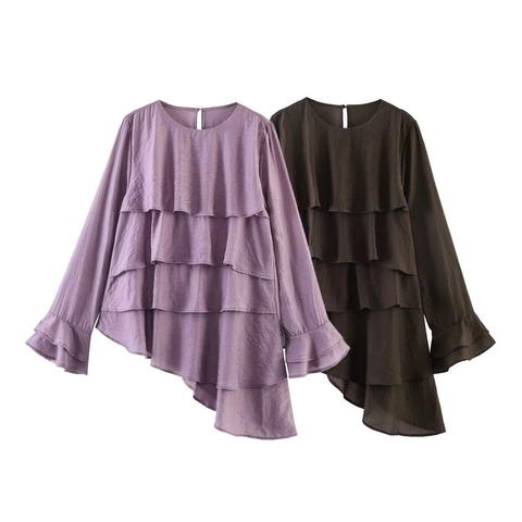 Blouse Élégante à Manches Longues pour Femmes Avec Volants Superposés Ourlet Asymétrique Col Rond Chemise en Polyester
