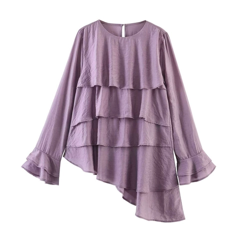 Blouse Élégante à Manches Longues pour Femmes Avec Volants Superposés Ourlet Asymétrique Col Rond Chemise en Polyester
