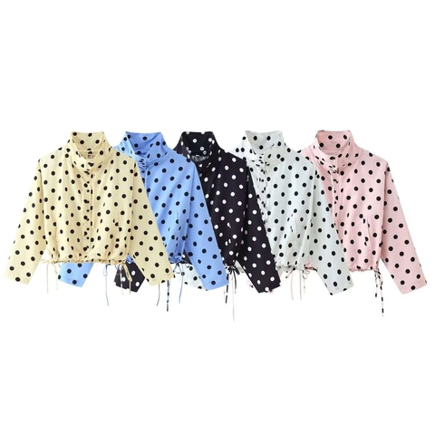 Vintage Polka Dot Drawstring Jacket Women Stand Collar Long Sleeve Casual Short Outerwear Fashion Lightweight Coat