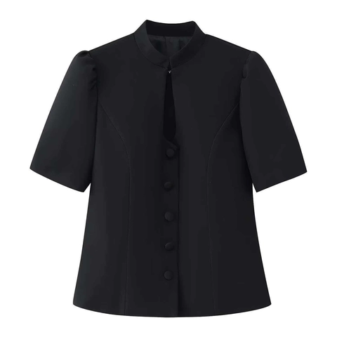 Women Slim Fit Short Sleeve Blazer Top With Mandarin Collar Puff Sleeve Button Up Elegant Solid Black Blouse