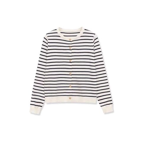 Women Striped Knitted Cardigan Round Neck Long Sleeve Gold Button Casual Loose Knitwear Sweater Top