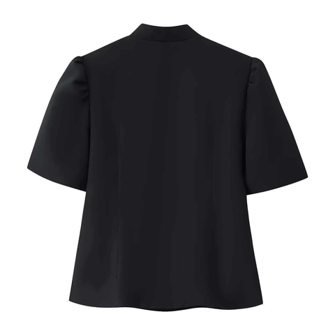 Women Slim Fit Short Sleeve Blazer Top With Mandarin Collar Puff Sleeve Button Up Elegant Solid Black Blouse