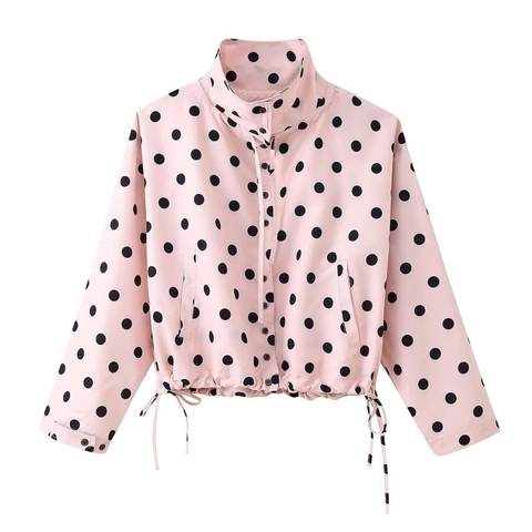 Vintage Polka Dot Drawstring Jacket Women Stand Collar Long Sleeve Casual Short Outerwear Fashion Lightweight Coat