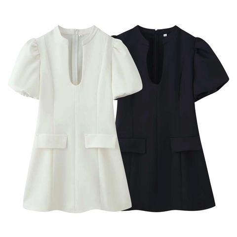 Women's Casual Solid Color Puff Sleeve Mini Dress Elegant Slim Fit U-Neck Short Sleeve Dress With Decorative Pockets