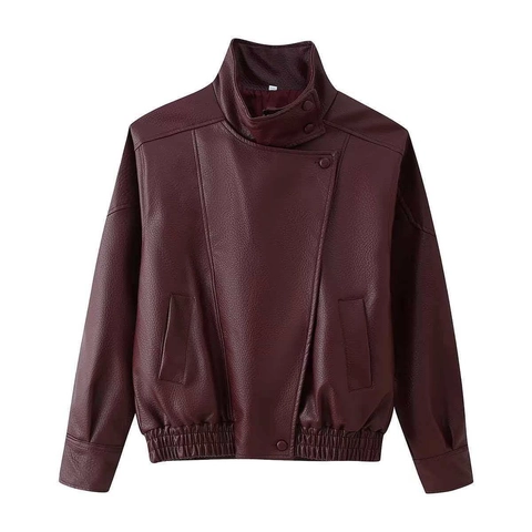 Chaqueta de Cuero Sintético Vintage para Mujer Cuello Alto Chaqueta Motera de PU Suelta Con Bolsillos Color Sólido para Otoño Invierno