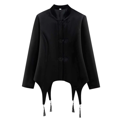 Veste Blazer Femme Élégante en Velours Noir Style Chinois Col Montant Ourlet Asymétrique à Franges Boutons Grenouille Top