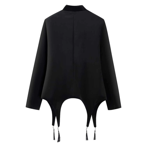 Veste Blazer Femme Élégante en Velours Noir Style Chinois Col Montant Ourlet Asymétrique à Franges Boutons Grenouille Top