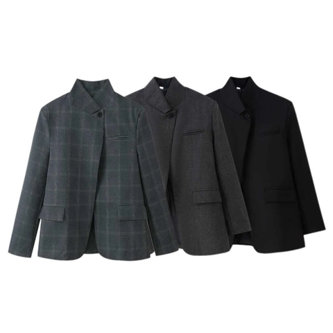 Women's Loose Stand Collar Blazer Jacket Long Sleeve Single Button Casual Plaid Solid Suit Jacket Office Work Outerwear