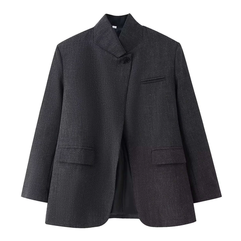Women's Loose Stand Collar Blazer Jacket Long Sleeve Single Button Casual Plaid Solid Suit Jacket Office Work Outerwear