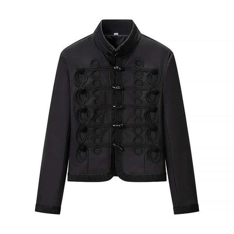 Women Vintage Military Hussar Style Short Jacket Mandarin Collar Braided Frog Toggle Closure Long Sleeve Solid Black Coat