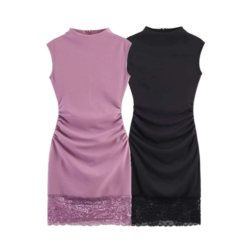 Damen Ärmelloses Bodycon Mini Kleid Elegant Mit Hohem Ausschnitt Geraffte Seiten Spitzensaum Splicing Sommerkleid