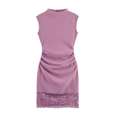 Damen Ärmelloses Bodycon Mini Kleid Elegant Mit Hohem Ausschnitt Geraffte Seiten Spitzensaum Splicing Sommerkleid