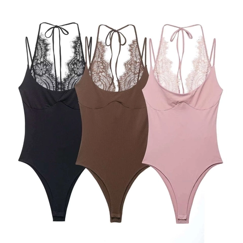 Women Sexy Lace Patchwork Halter Neck Bodysuit Sleeveless V Neck Solid Color Polyester Jumpsuit Clubwear For Party Dating