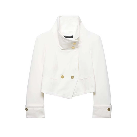 Dames Korte Opstaande Kraag Blazerjas Gouden Knopen Double Breasted Kantoor Effen Kleur Elegante Bovenkleding Top