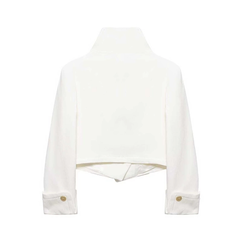 Dames Korte Opstaande Kraag Blazerjas Gouden Knopen Double Breasted Kantoor Effen Kleur Elegante Bovenkleding Top