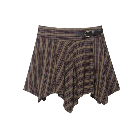 Falda Mini Asimétrica a Cuadros Vintage para Mujer Cintura Alta Falda de Dobladillo de Pañuelo Tartán Marrón Con Cinturón