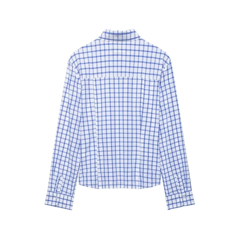 Women Casual Blue White Gingham Long Sleeve Shirt Button Down Lapel Plaid Blouse Loose Fit Commuter Top Polyester Shirt