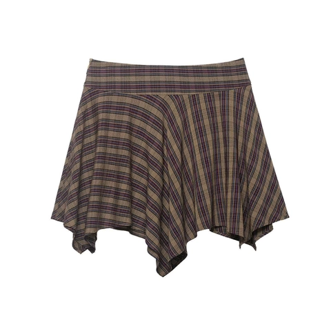 Falda Mini Asimétrica a Cuadros Vintage para Mujer Cintura Alta Falda de Dobladillo de Pañuelo Tartán Marrón Con Cinturón