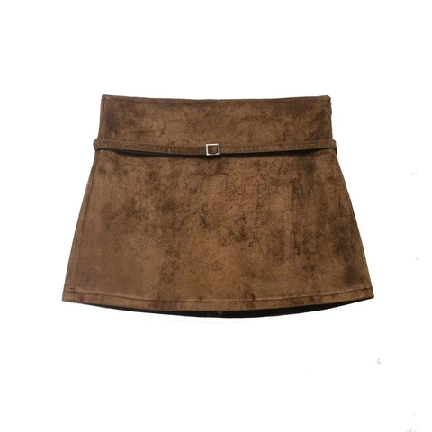 Minifalda de Antelina Marrón Vintage para Mujer Cintura Alta Falda en A Con Cinturón Otoño Casual Estilo de Trabajo Falda Corta