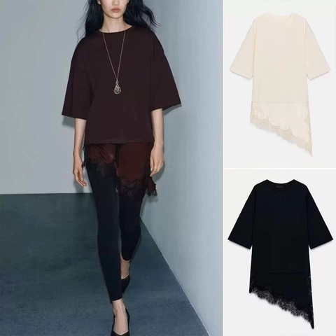 Damen Casual Asymmetrisches Spitzen-Patchwork-Saum T-Shirt Elegantes Rundhalsausschnitt Lockeres Kurzarm Langes Oberteil Einfarbig Alltagsmode