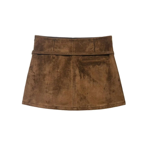 Minifalda de Antelina Marrón Vintage para Mujer Cintura Alta Falda en A Con Cinturón Otoño Casual Estilo de Trabajo Falda Corta