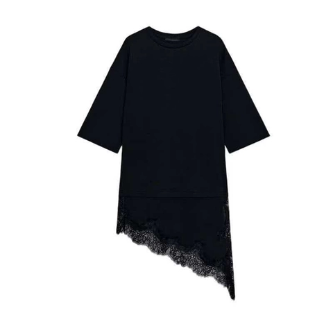 Damen Casual Asymmetrisches Spitzen-Patchwork-Saum T-Shirt Elegantes Rundhalsausschnitt Lockeres Kurzarm Langes Oberteil Einfarbig Alltagsmode