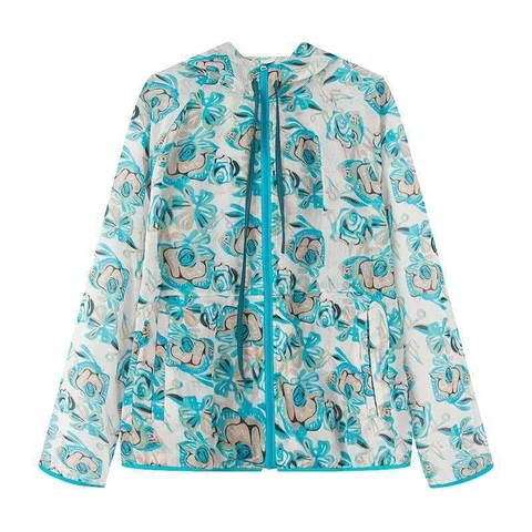 Chaqueta Protección Solar Mujer Estampado Floral Vintage Con Capucha Cremallera Cortavientos Ligero Ropa Abrigo UPF50 Plus Viaje