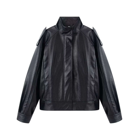 Women Casual Stand Collar PU Leather Bomber Jacket Relaxed Fit Windproof Solid Black Biker Outerwear Jacket For Fall Winter