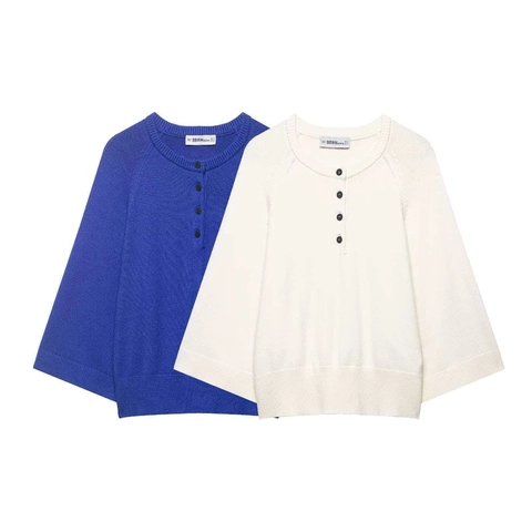 Top da Donna in Maglia Casual Maniche a 3/4 Raglan Girocollo Maglia Henley Con Bottoni Tinta Unita Semplice Maglione Pullover