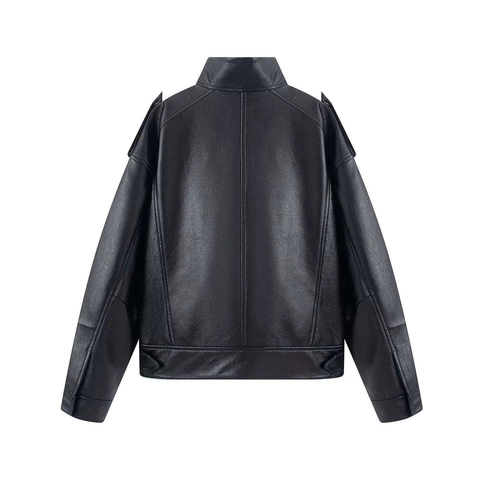 Women Casual Stand Collar PU Leather Bomber Jacket Relaxed Fit Windproof Solid Black Biker Outerwear Jacket For Fall Winter