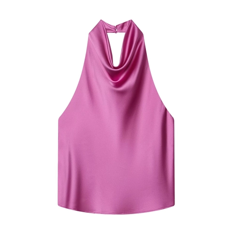 Top Halter de Satén Fucsia Elegante para Mujer Cuello Desbocado Espalda Descubierta Blusa Sin Mangas Color Sólido Fiesta