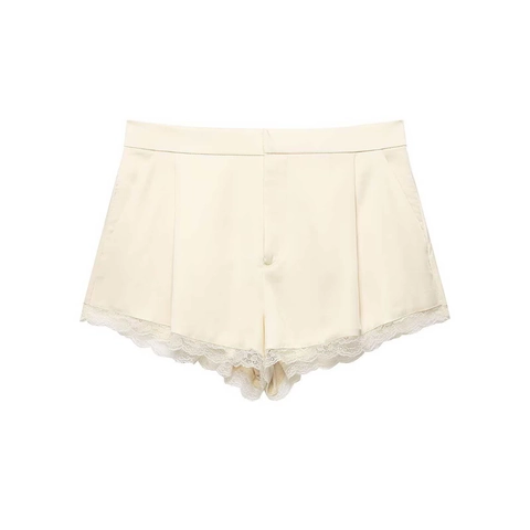 Damen Elegant Hoch Taille Satin Textur Shorts Mit Spitzenbesatz Saum Sommer Minimalistisch Lässig Pendler Damen Kurze Hose