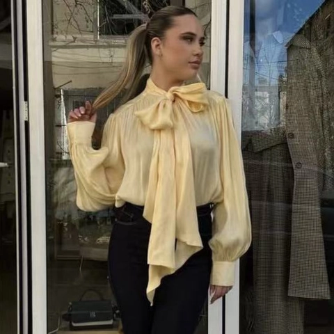 Blusa Elegante de Satén con Lazo para Mujer Vintage Manga Linterna Larga Plisada Color Sólido Amarillo Crema Tops de Oficina