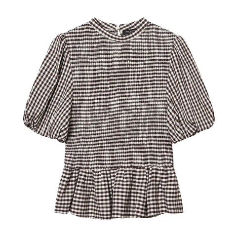 Dames Vintage Gingham Gesmokte Schootje Top Pofmouw Ronde Hals Bruin Wit Geruite Blouse Casual Zomerhemd