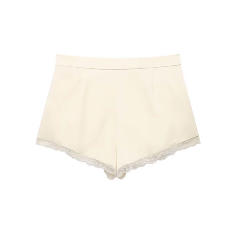 Damen Elegant Hoch Taille Satin Textur Shorts Mit Spitzenbesatz Saum Sommer Minimalistisch Lässig Pendler Damen Kurze Hose