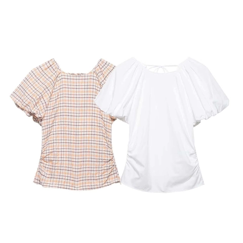 Chemisier Femme Vintage à Carreaux Manches Bouffantes Col Carré Avec Lien Dos Froncé Côté Été Casual Top Manches Courtes