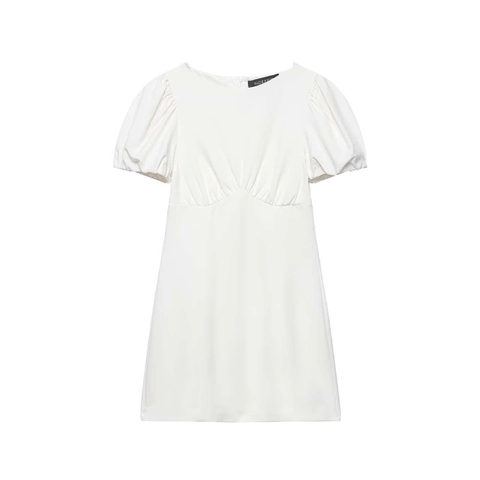 Vestido Elegante de Manga Corta Abullonada para Mujer con Plisado Línea A Sencillo Blanco Cuello Redondo Verano Casual