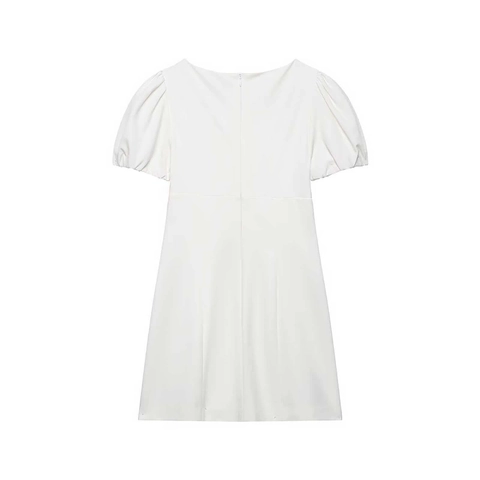Vestido Elegante de Manga Corta Abullonada para Mujer con Plisado Línea A Sencillo Blanco Cuello Redondo Verano Casual