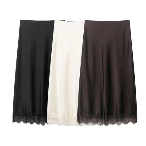 Elegante Falda Midi de Satén para Mujer Con Ribete de Encaje Cintura Alta Color Sólido Falda Recta para Oficina Verano