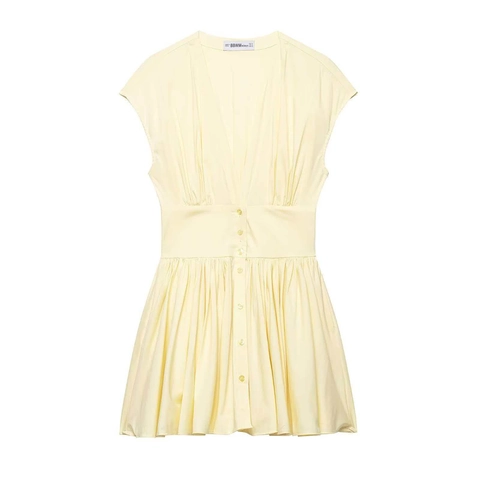 Vestido Mini para Mujer Cuello en V Sin Mangas Abotonadura Sencilla Plisado Color Sólido Verano Elegante Ajustado Corto